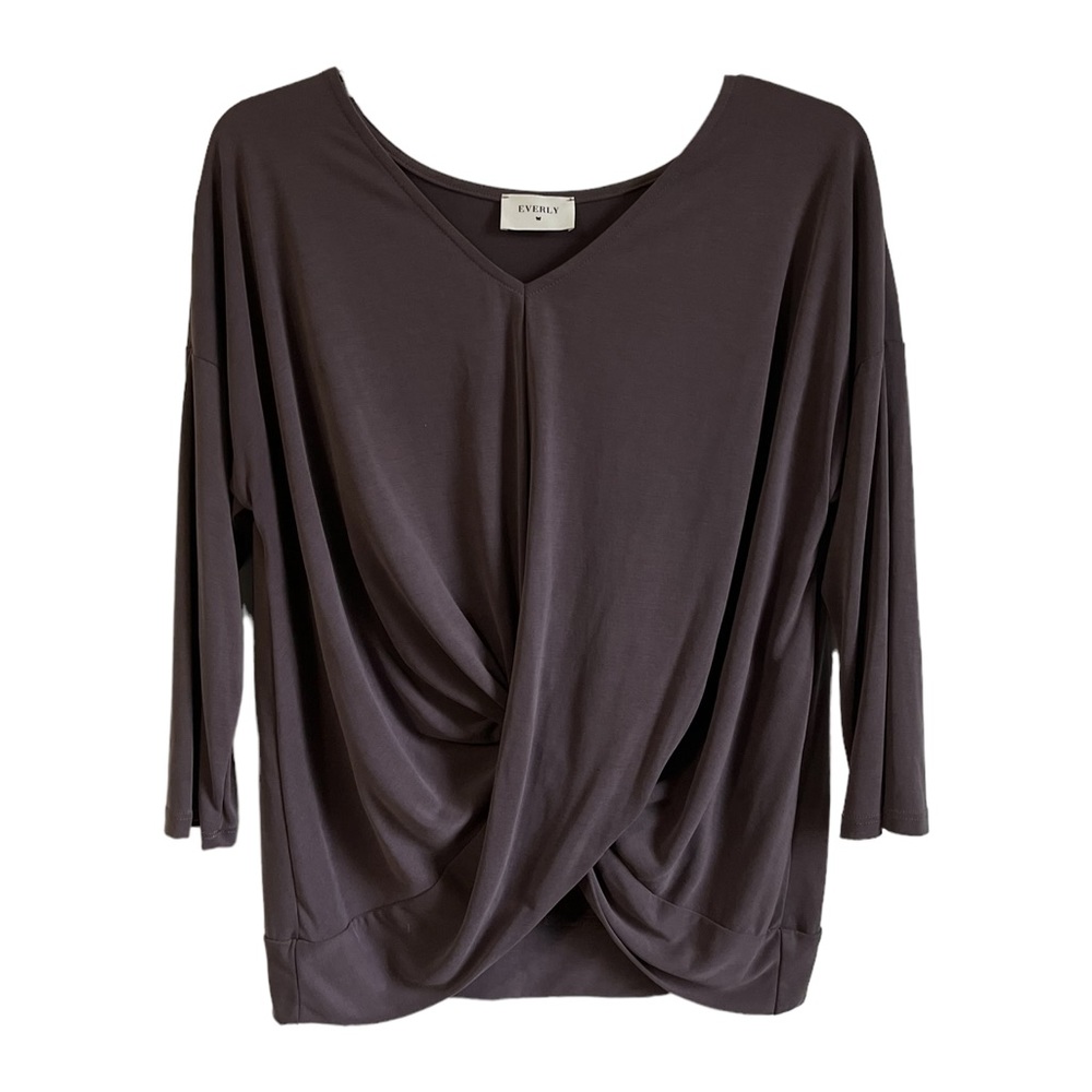 Everly Purple V-Neck Faux Wrap Top Three-Quarter Sleeve Women’s size L